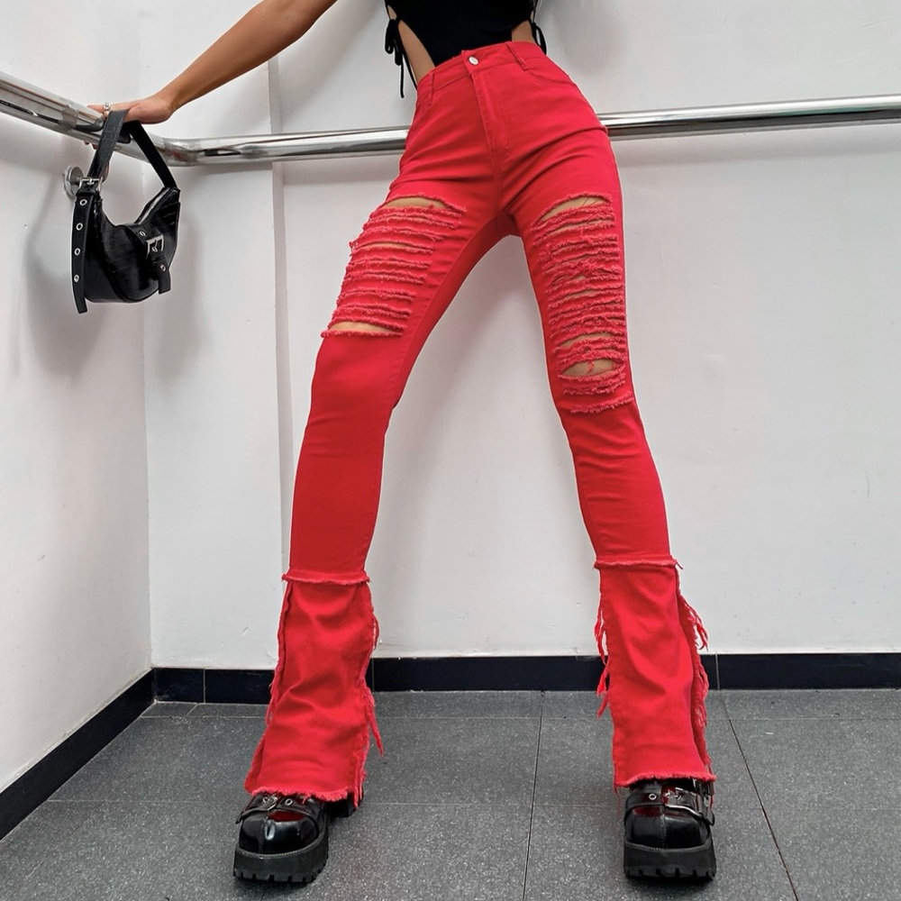 High waist ripped frayed hem red jeans